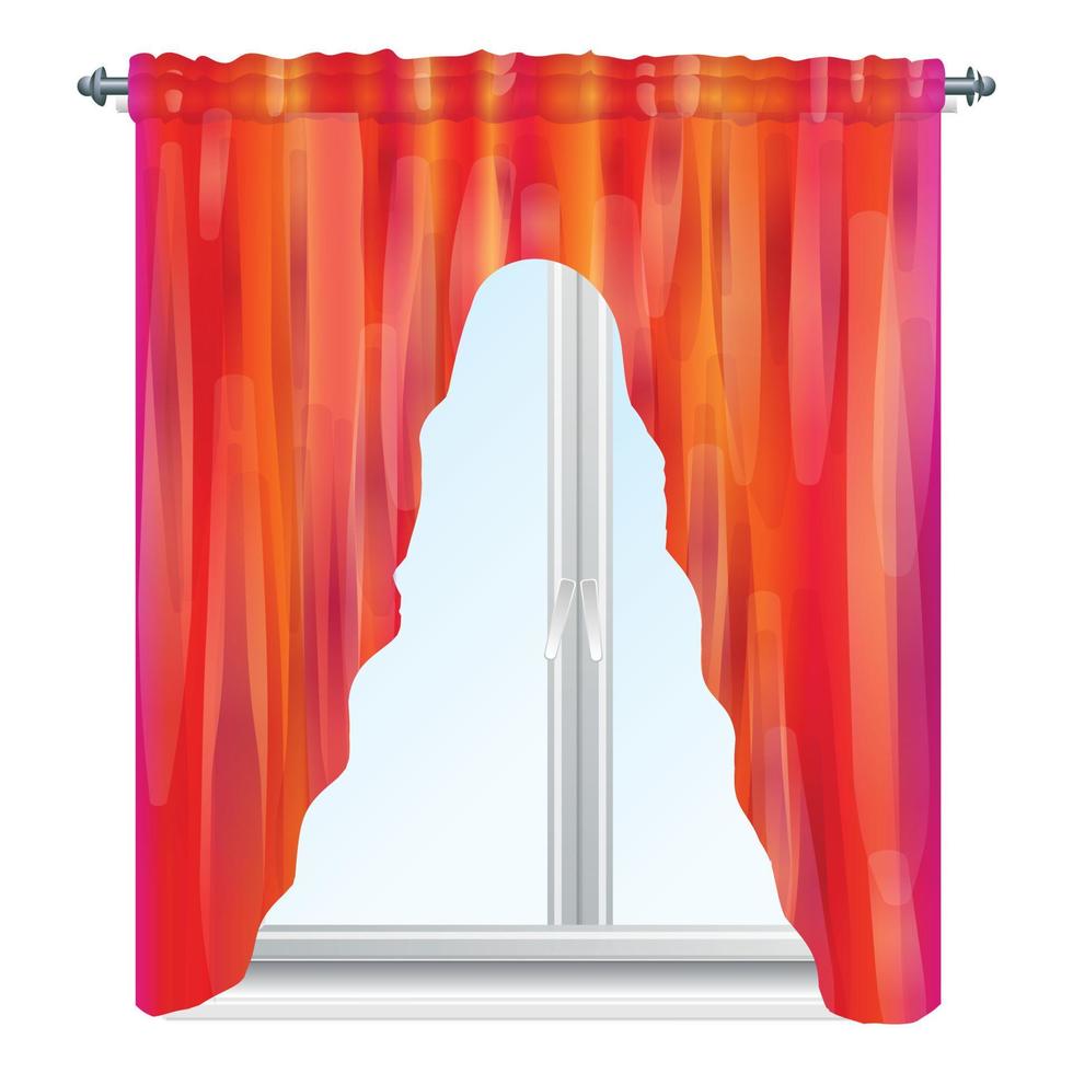Red velvet window curtain icon, cartoon style vector