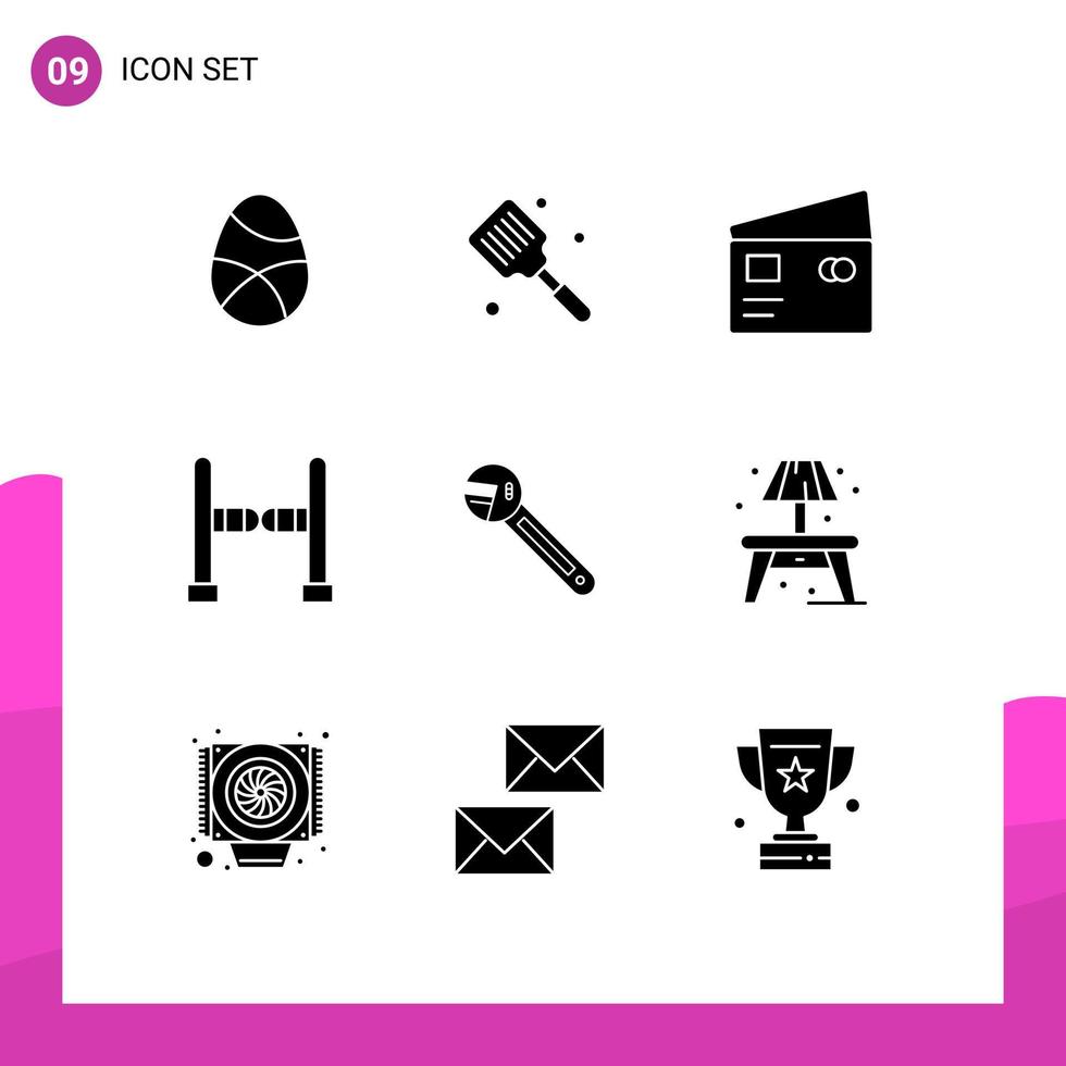 Pack of 9 creative Solid Glyphs of swing entrance flipper shopping global Editable Vector Design Elements