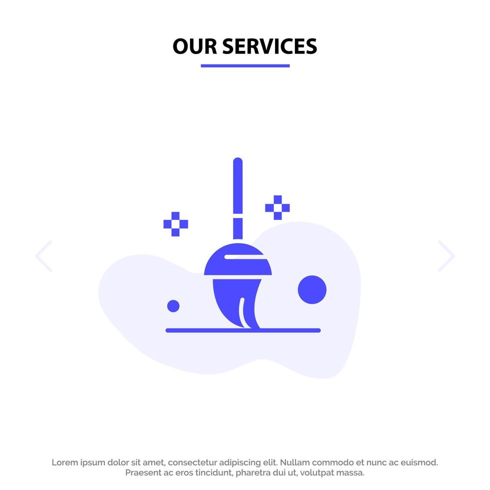 nuestros servicios cubo limpieza fregona icono de glifo sólido plantilla de tarjeta web vector