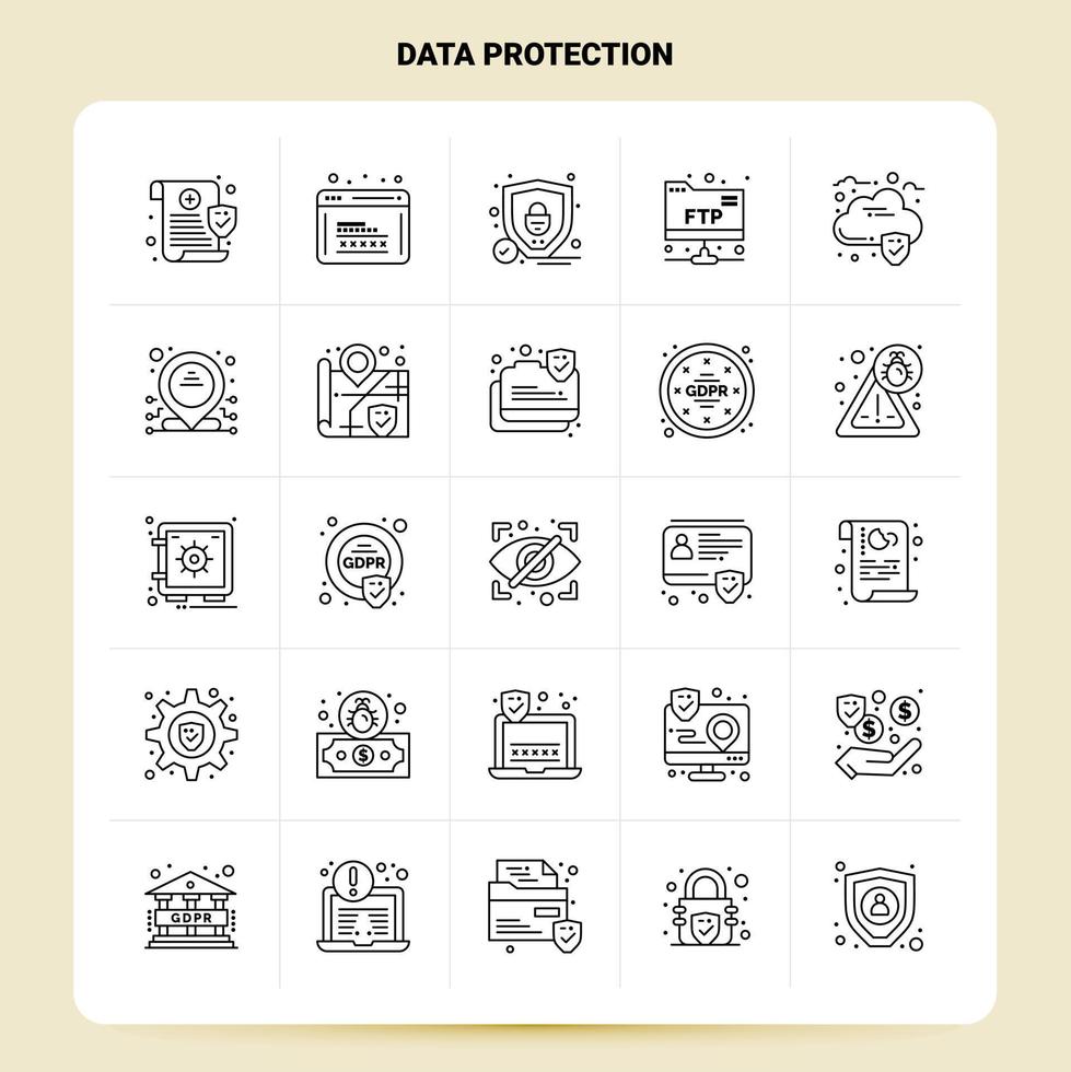 OutLine 25 Data Protection Icon set Vector Line Style Design Black Icons Set Linear pictogram pack Web and Mobile Business ideas design Vector Illustration