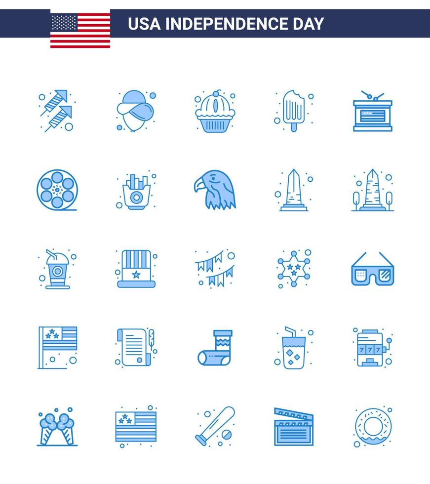 Big Pack of 25 USA Happy Independence Day USA Vector Blues and Editable Symbols of independece drum muffin ice cream cream Editable USA Day Vector Design Elements
