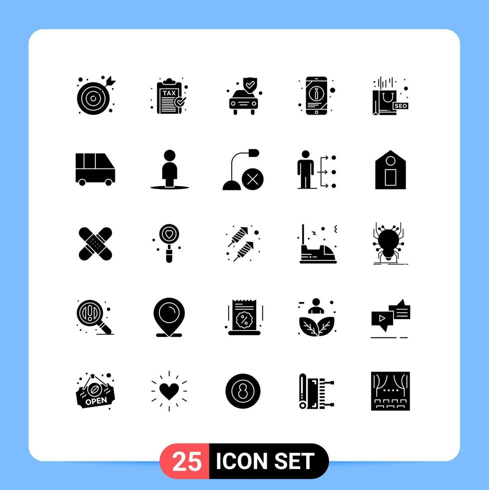 Group of 25 Solid Glyphs Signs and Symbols for package phone car mobile information information Editable Vector Design Elements
