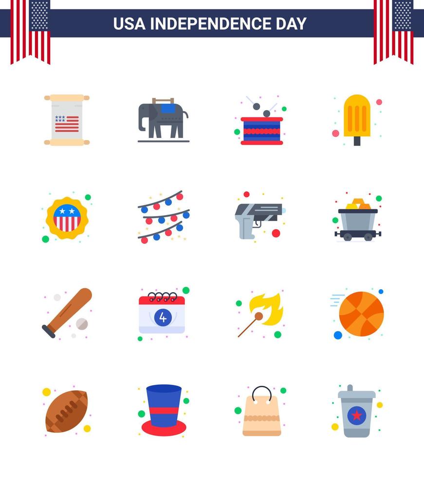 Happy Independence Day 4th July Set of 16 Flats American Pictograph of badge american drum ice cream cream Editable USA Day Vector Design Elements