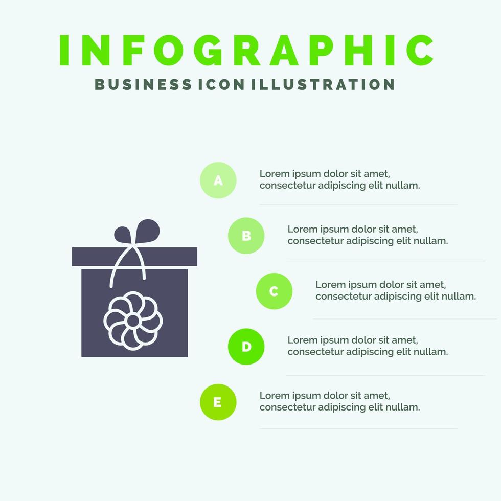 caja de regalo flor primavera sólido icono infografía 5 pasos presentación fondo vector