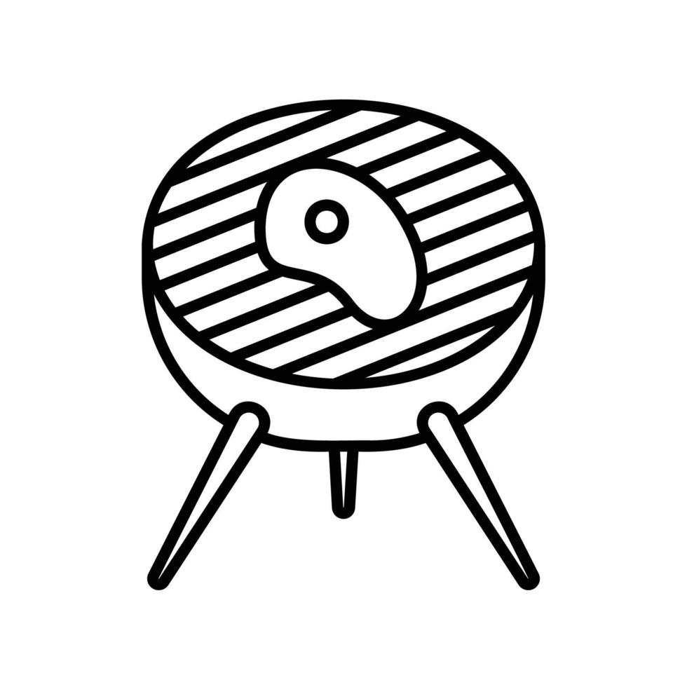 Grill stove icon made from steel with beef meat in black outline style vector