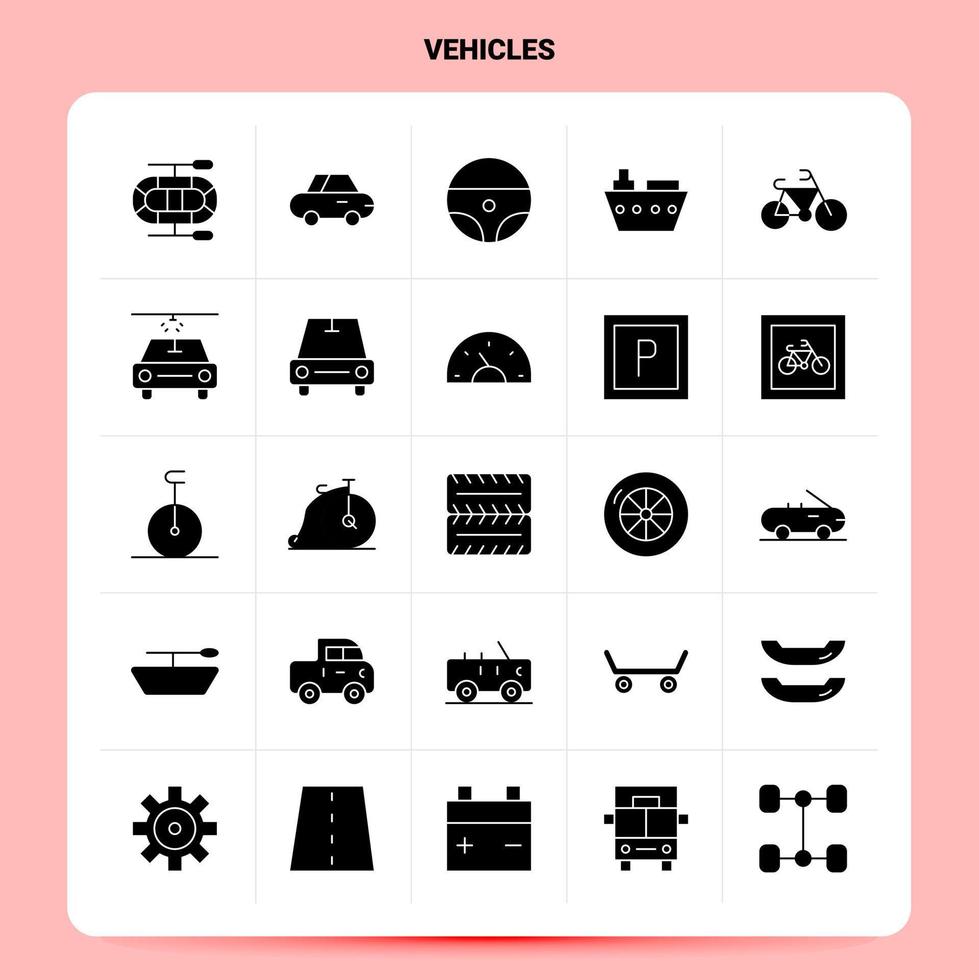 conjunto de iconos de 25 vehículos sólidos diseño de estilo de glifo vectorial conjunto de iconos negros diseño de ideas de negocios web y móvil ilustración vectorial vector