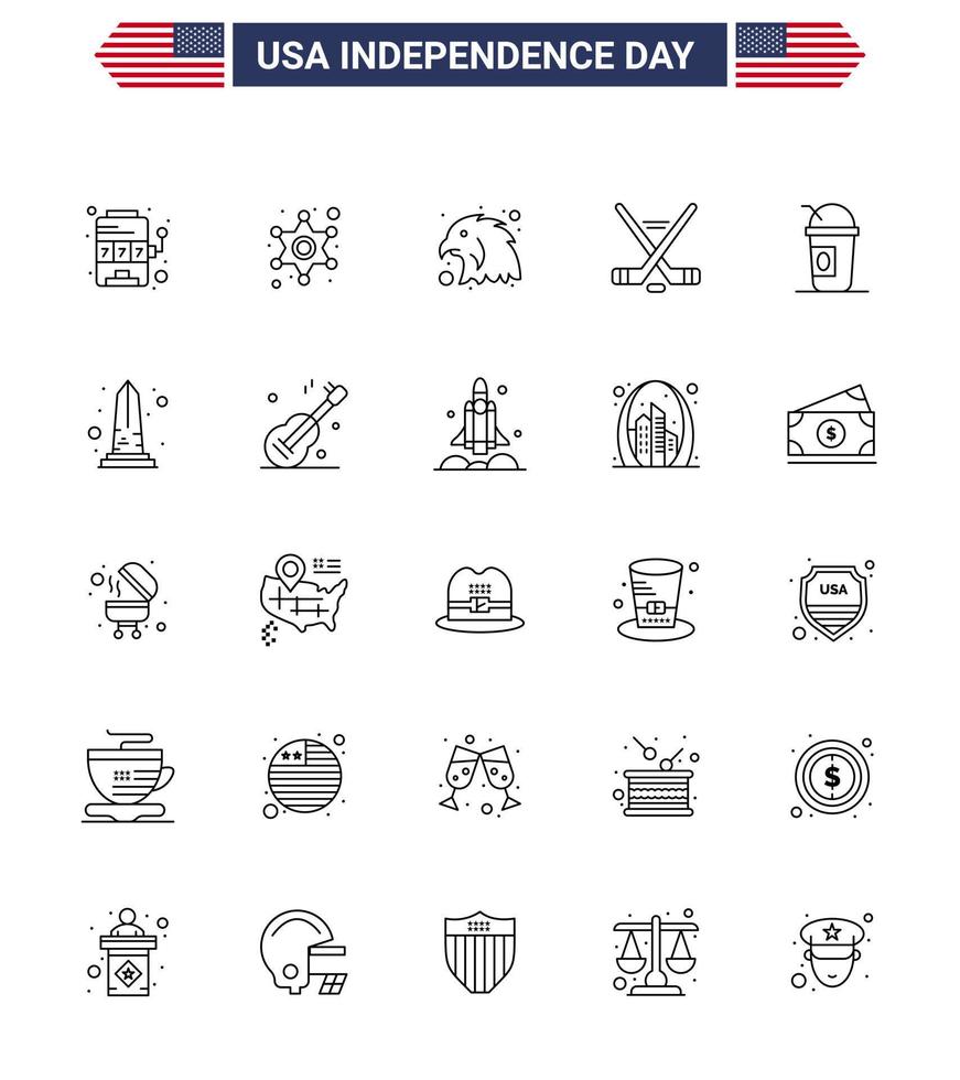 Happy Independence Day 4th July Set of 25 Lines American Pictograph of limonade america animal american ice sport Editable USA Day Vector Design Elements