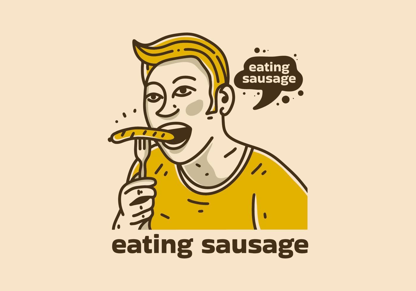 Vintage illustration of man eating sausage vector