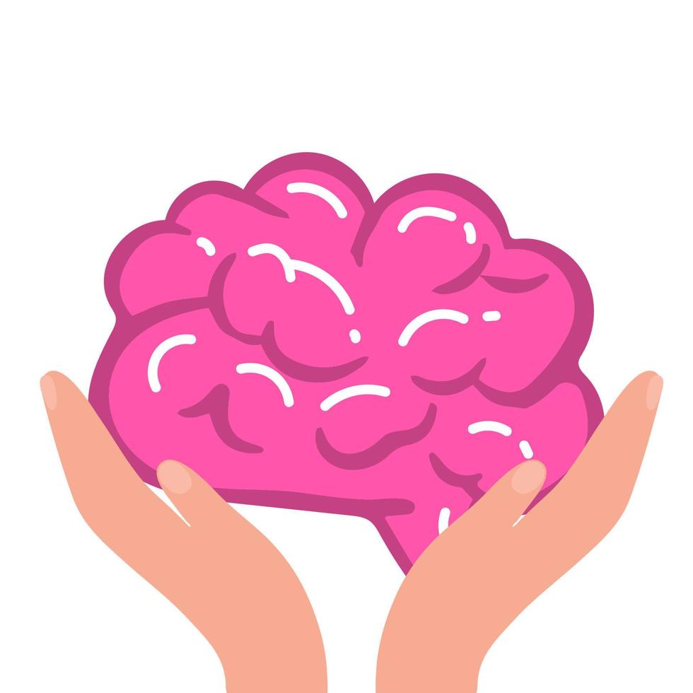 Vector illustration World Mental Health Day. lettering hands hold the brain