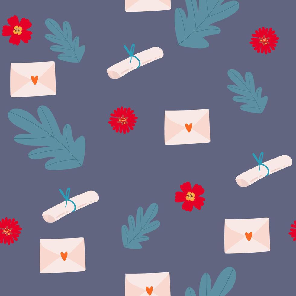 Vector. Cute seamless pattern of love with envelopes, mail, on background. Doodle illustration in cartoon style. Valentine s Day design for print and textile, wallpaper, wrapping paper vector