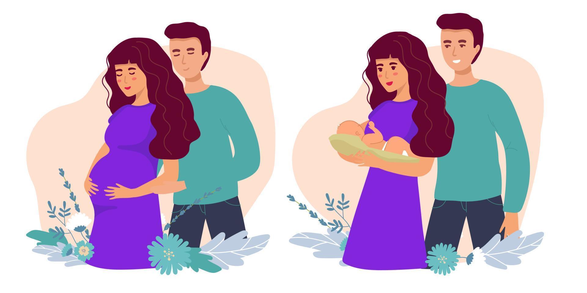 conjunto de ilustraciones sobre el embarazo y la maternidad. mujer embarazada con barriga con papá. señora con un bebé recién nacido. ilustración vectorial de material plano. vector