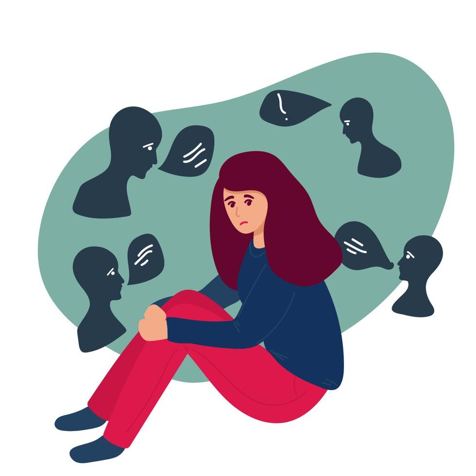 concepto de problema de salud mental. mujer joven rodeada de miedos, emociones negativas y malos pensamientos sostiene su cabeza. enfermedad o trastorno psíquico. ilustración de vector plano contemporáneo de dibujos animados.