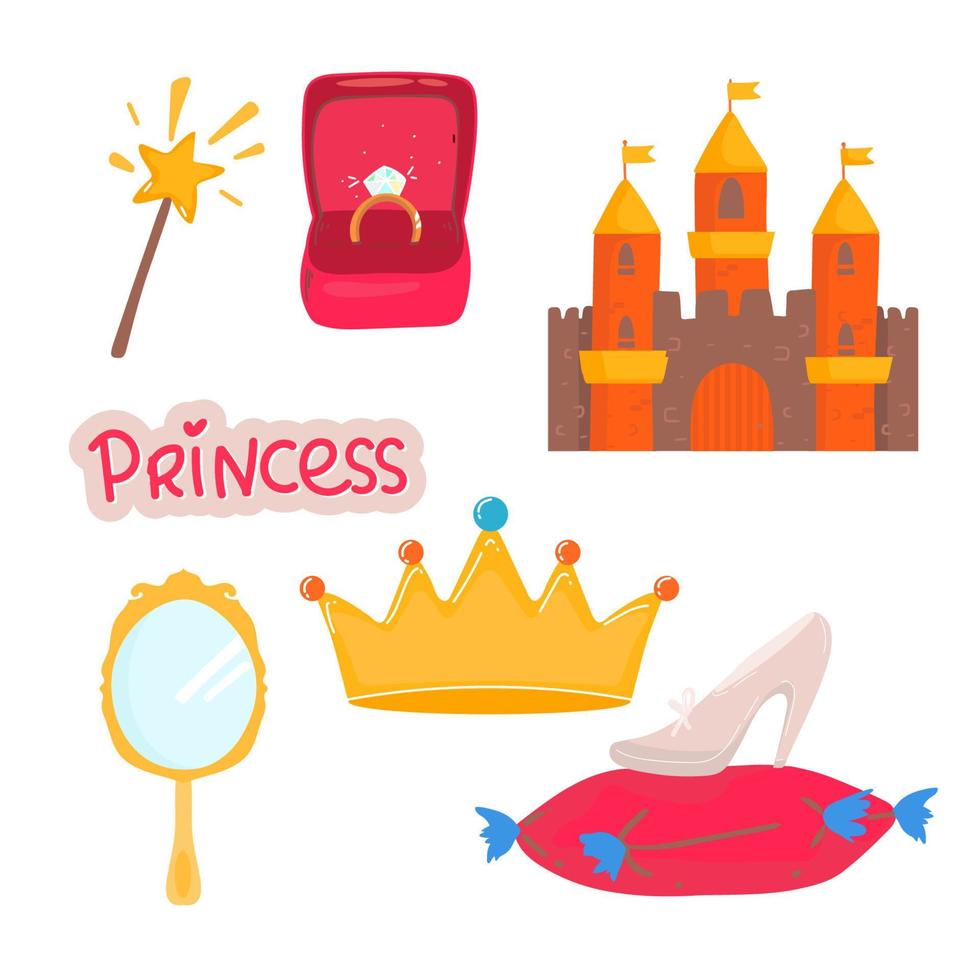 Hand drawn set of fairy tale magic princess elements crown, pony, star, tiara, mirror. Cut isolated vector illustration for girl themes design. Doodle sketch style element drawn