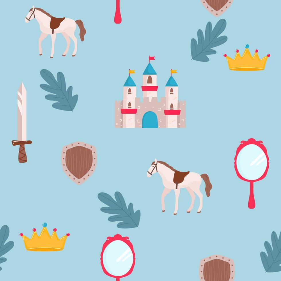 Princess crown. Kids vector seamless pattern. castle for princess fairy tale, horse, mirror,