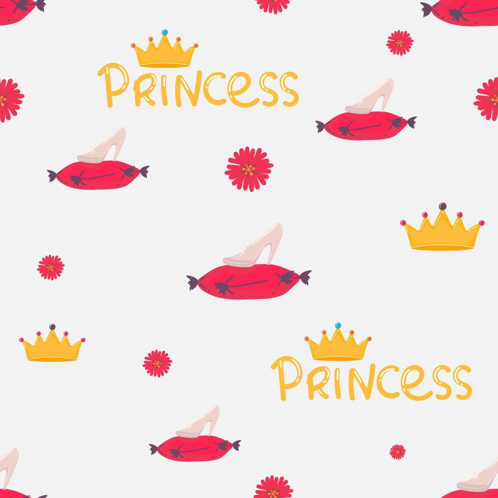 Little princess seamless pattern. Bright pink, gray, cream colors. Illustration of crowns and little hearts vector