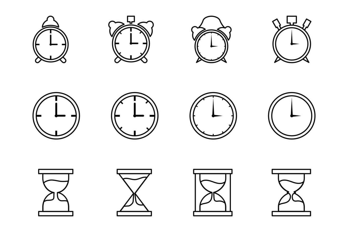 Time and clock vector. Set of clock, alarm clock, and hourglas in line art style vector