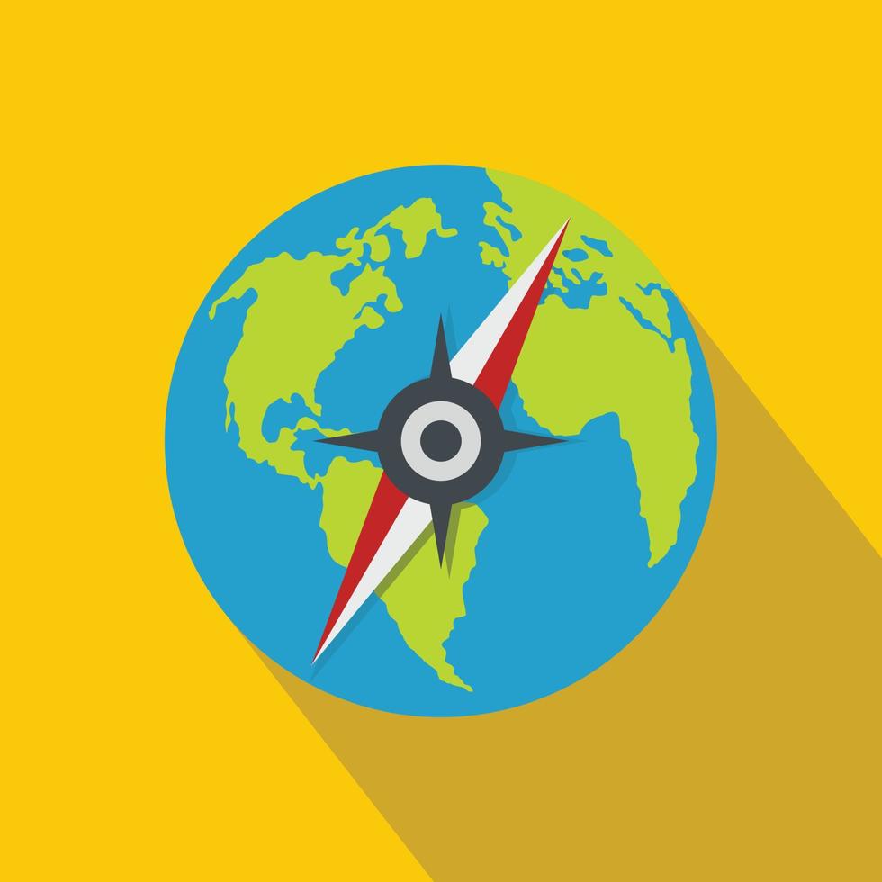 Compass on earth icon, flat style. vector