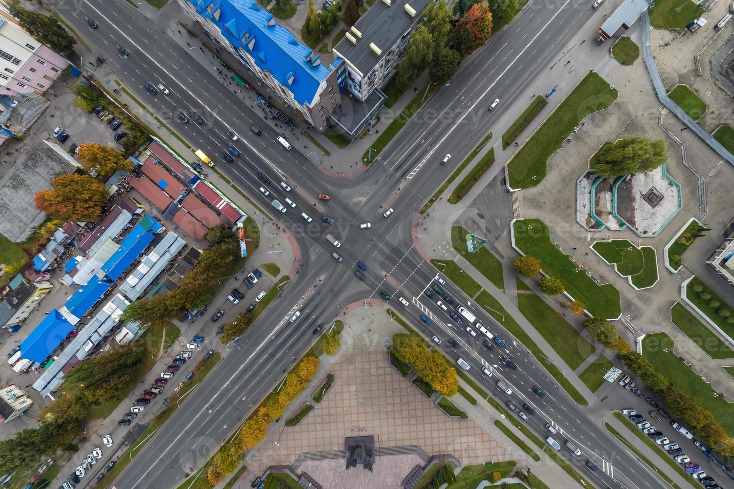 aerial view of road interchange or highway intersection. Junction network of transportation taken by drone. photo