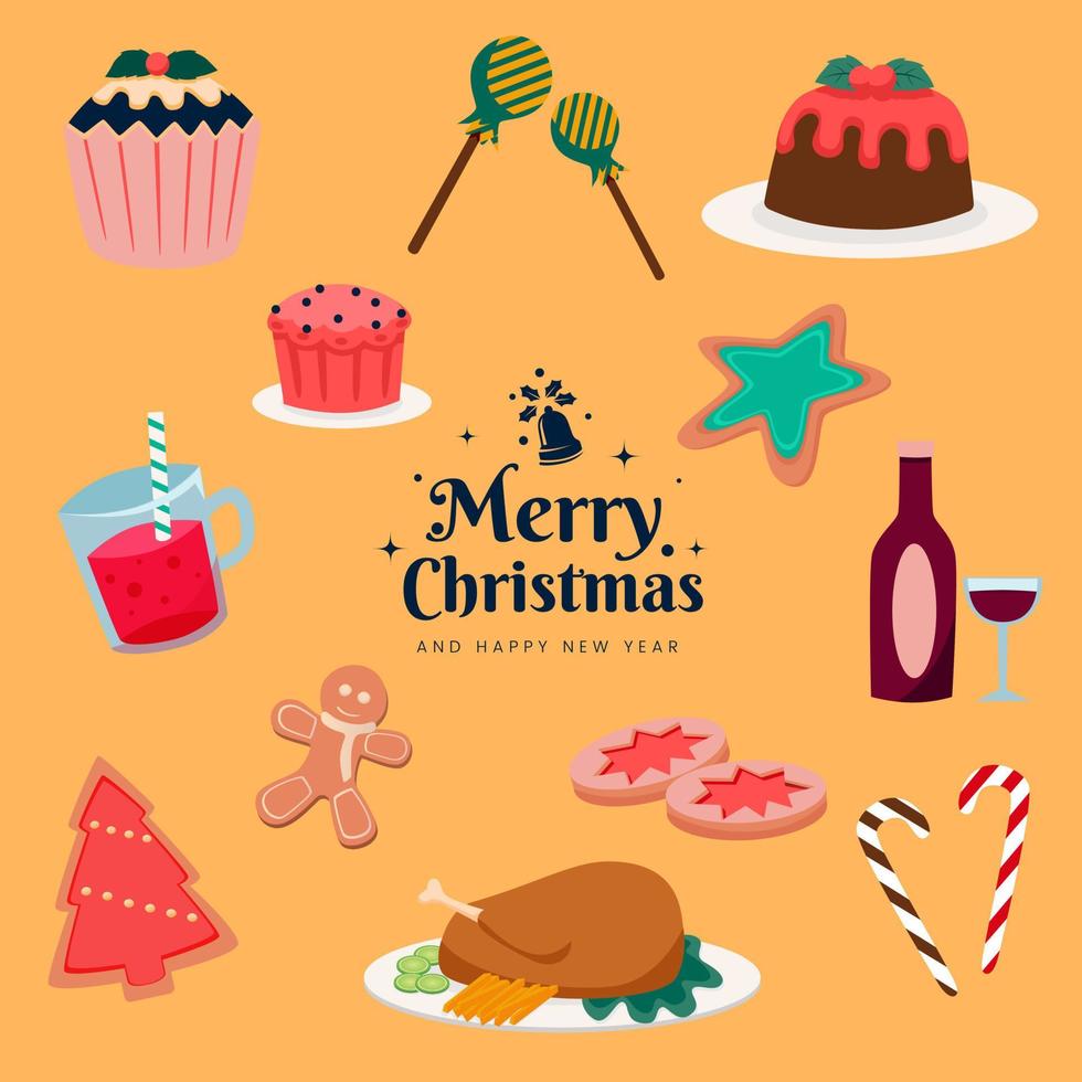 comida navideña con varios tipos de comida, desde bocadillos hasta comidas pesadas con un divertido conjunto de vectores de color