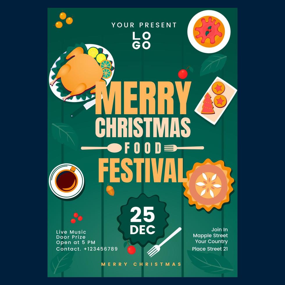 Christmas Food Poster Flayer social media Design Template Background with Natural Green Color vector