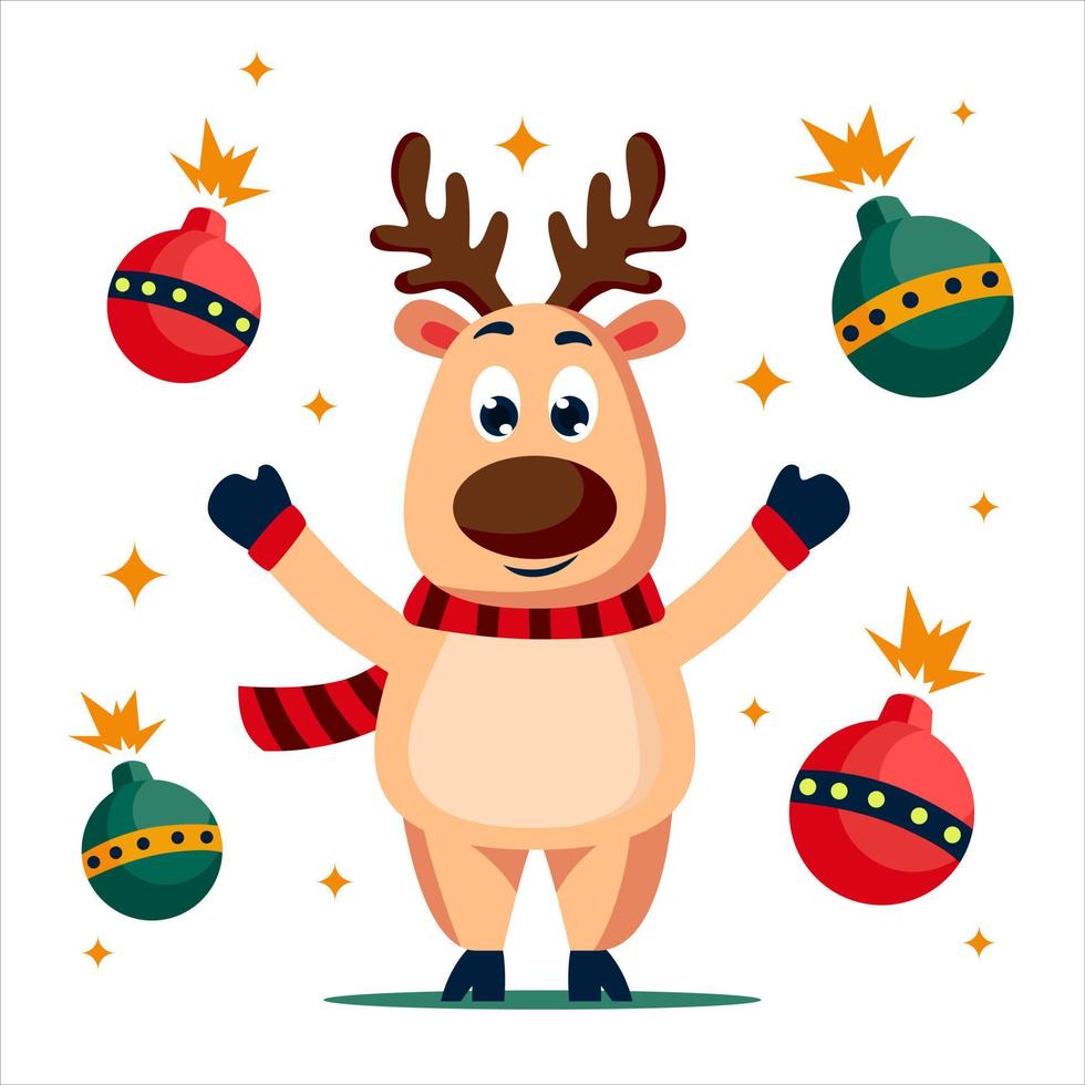 Reindeer Cute Cartoon Character playing with fireworks vector Illustration