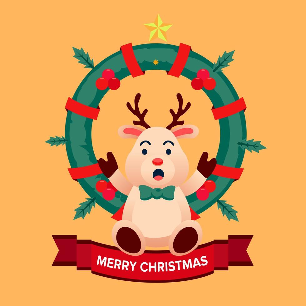 Reindeer Holding Round Bush giving Happines on Christmas Day With Orange Yellow Background vector