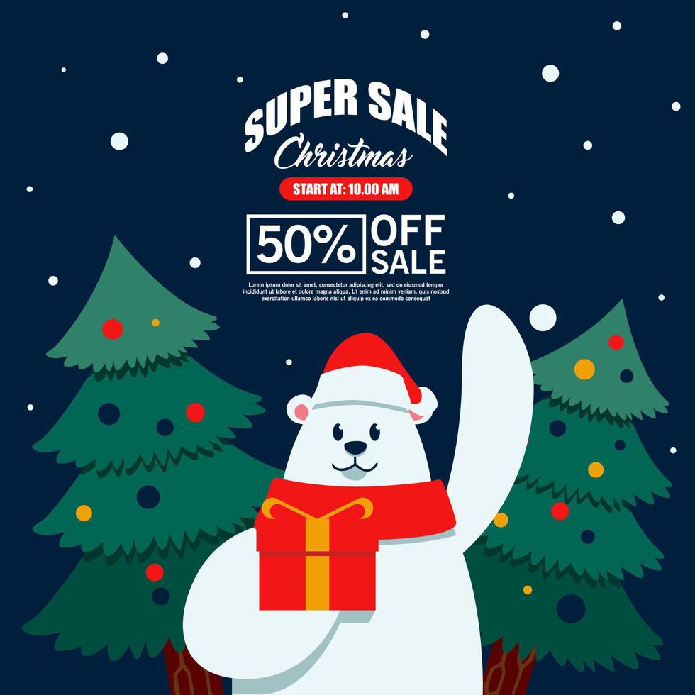 Polar Bear Bring Gift Box with hat on Christmas Sale with Pine Tree on the Night vector