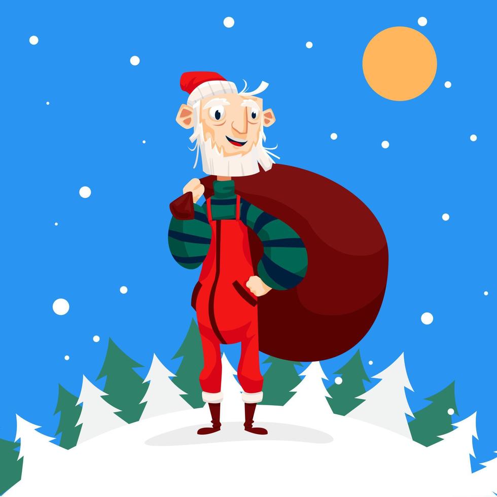 Old Man Santa Bring Big Bag Full Prizes Standing Pose vector