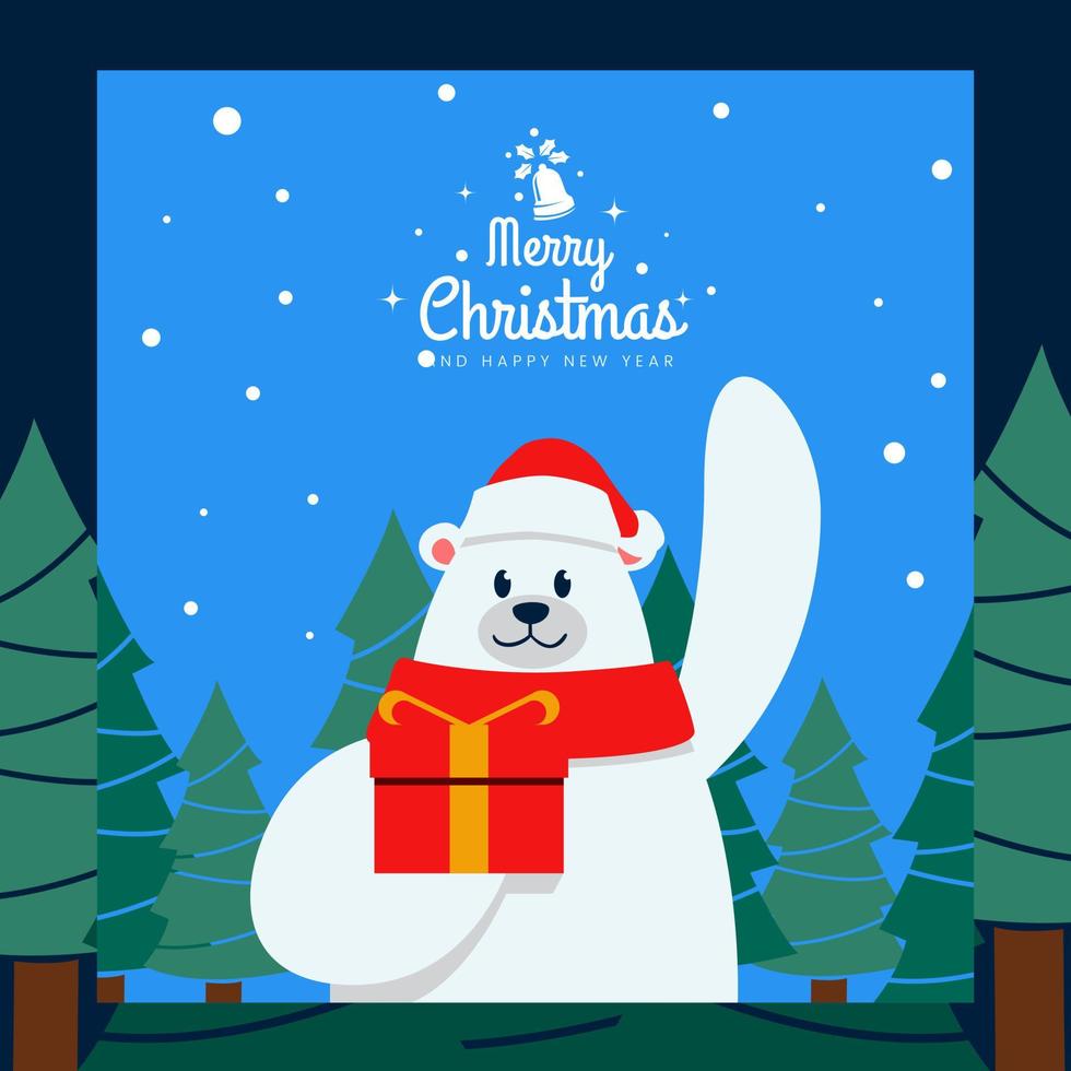 oso polar con caja de regalo celebra la plantilla de diseño de póster de navidad vector