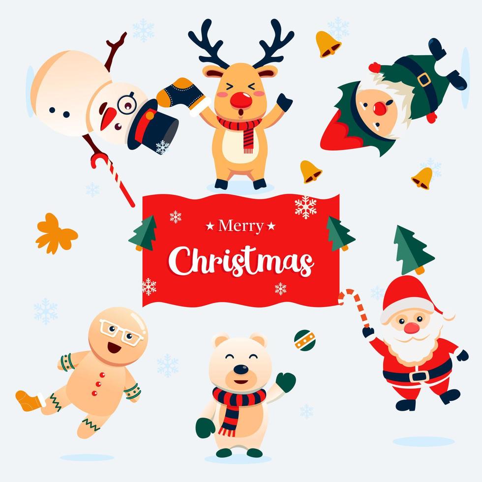 Merry Christmas Celebrate Santa deer snowman bear and friend cute character illustration set vector