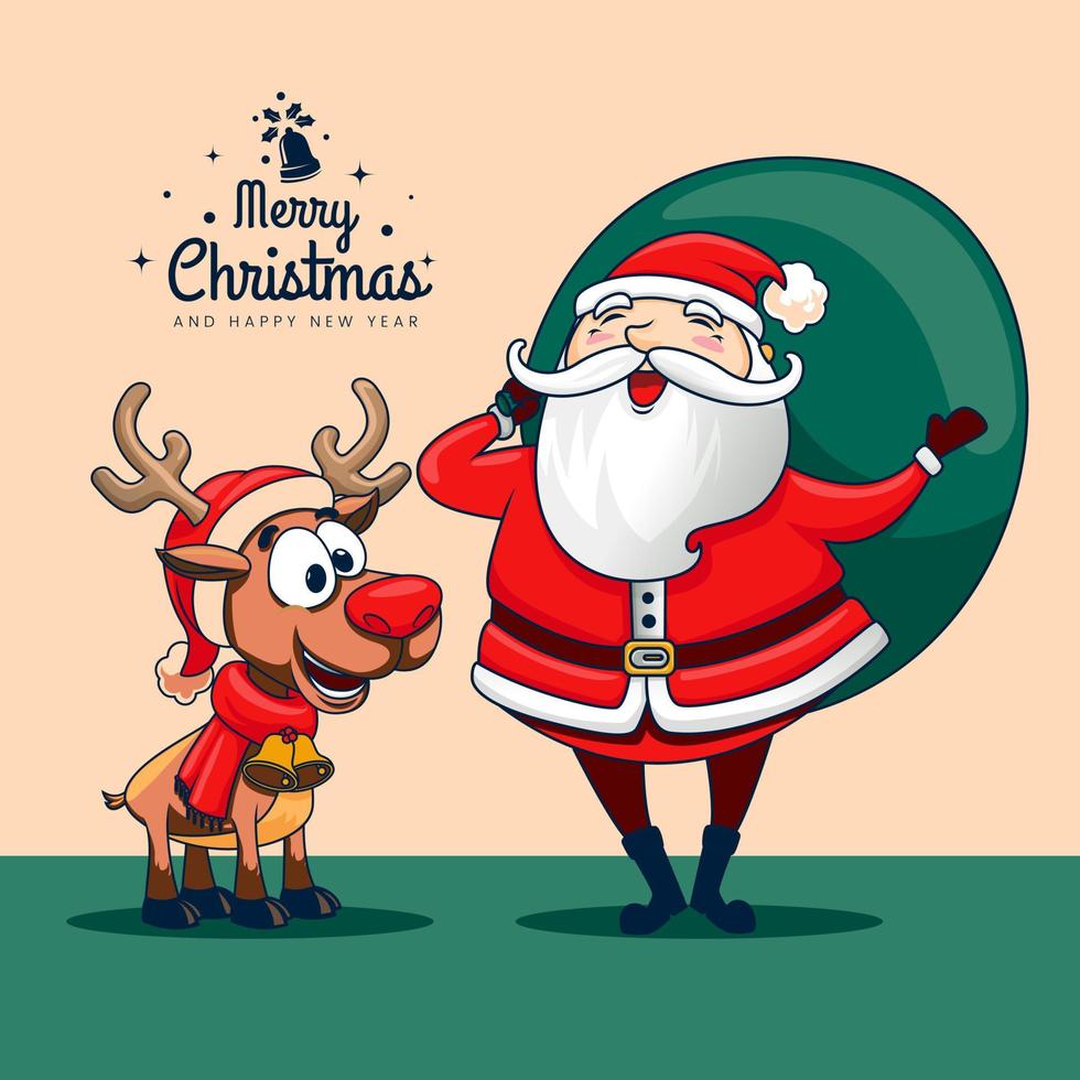 Santa with Deer playing togterher cartoon illustration kids style vector