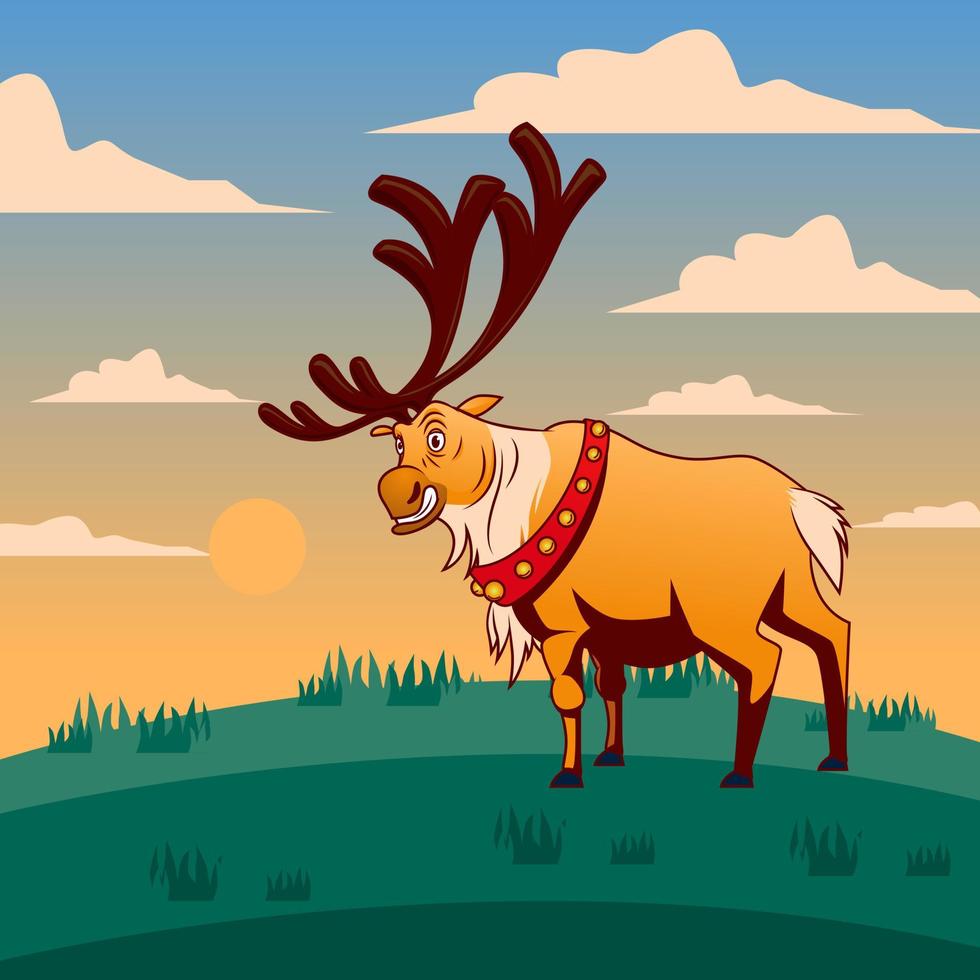 Reindeer with big Horn red necklace Cartoon with Sunrise Background vector