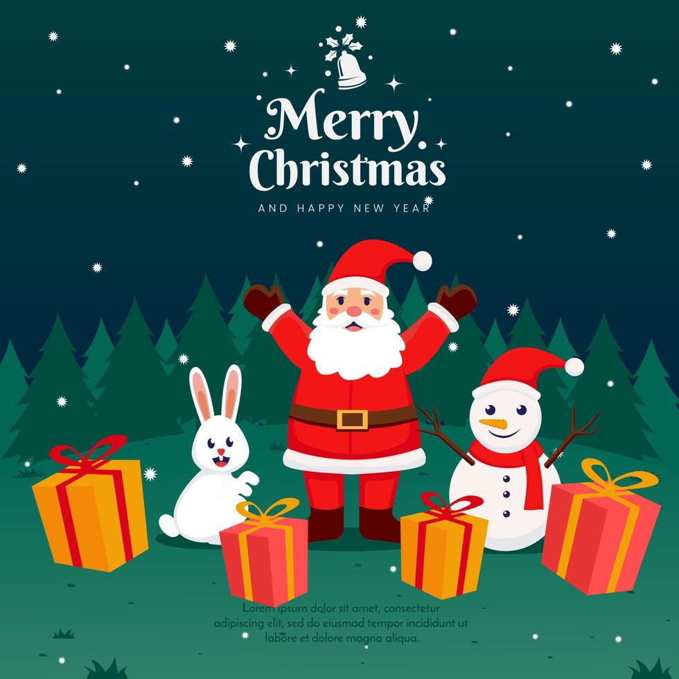 Greeting Card Christmas Happines Santa with rabbit and snowman in the night vector illustration
