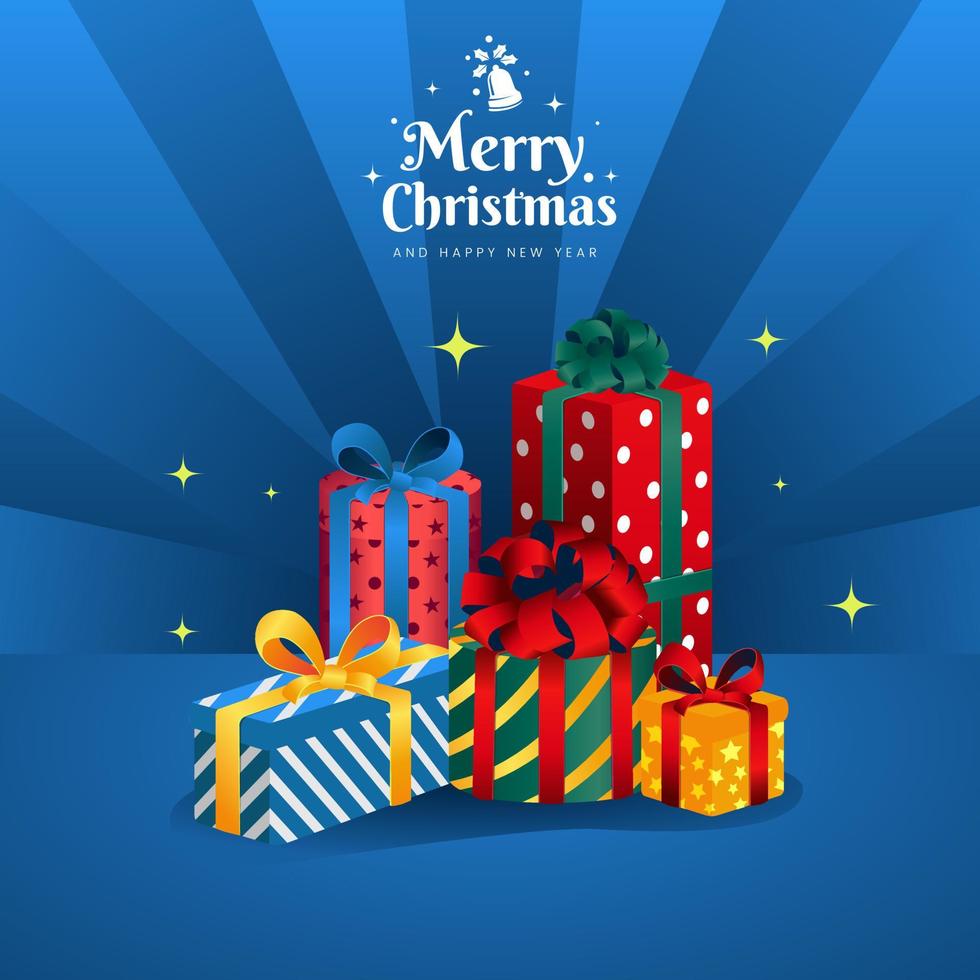 caja de regalos de navidad con varios tamaños y colores con fondo azul vector