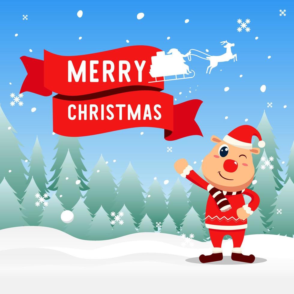 Merry Christmas with Flying Reindeer and cute deer with santa hat vector