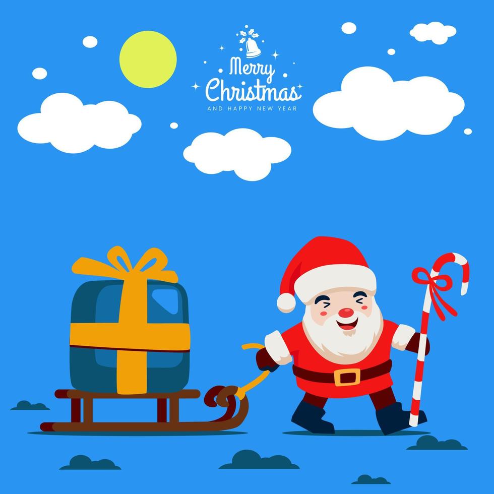 Santa Claus Cute Character Christmas Holding Candy Staf and bring Prize Box vector Illustration