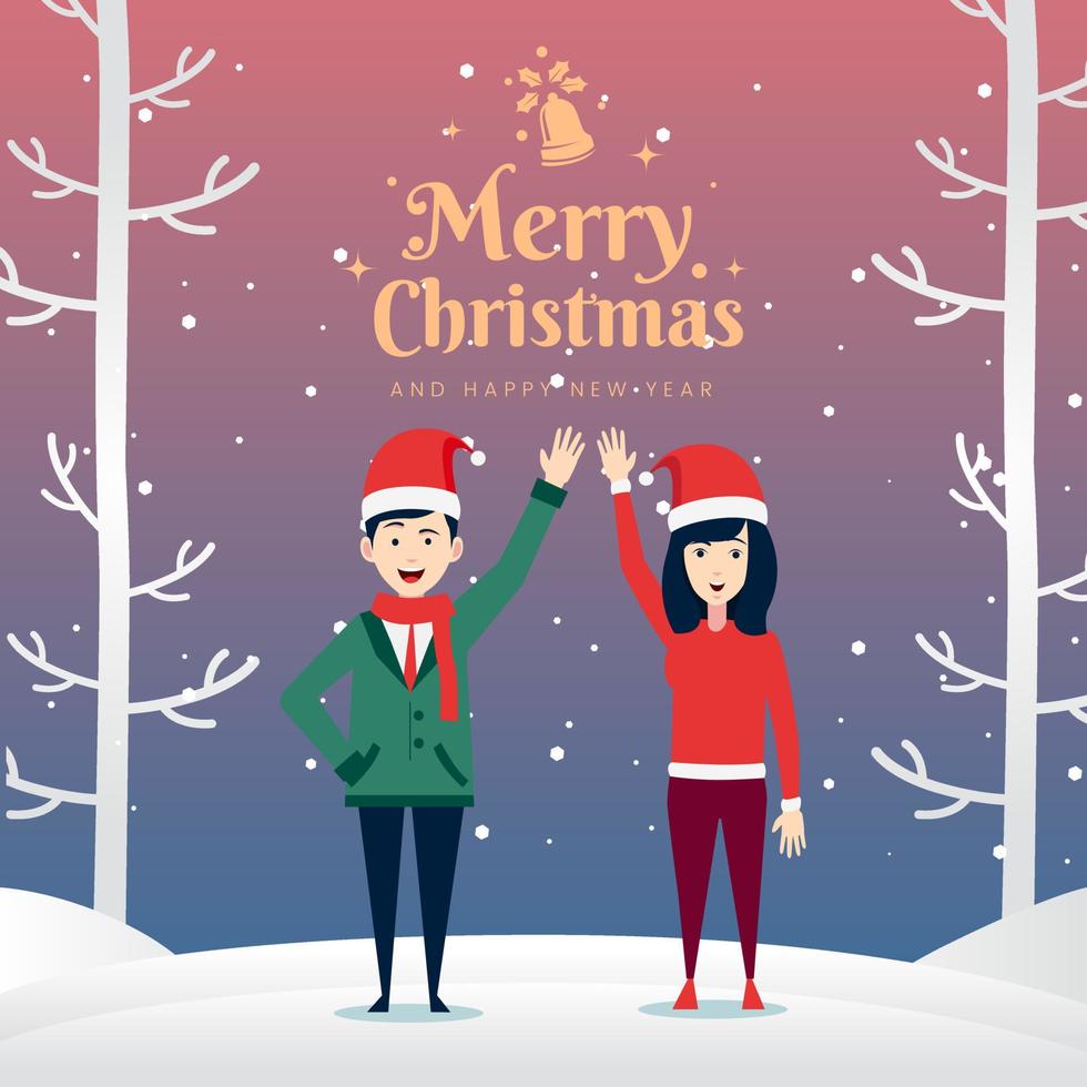 Merry Christmas Couple Man and Woman Clebrating Illustration with Santa Hat vector