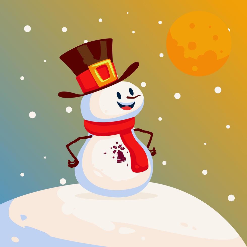 Snowman Happy with Hat Character Standing on Sun Rise Illustration for Book Cover vector