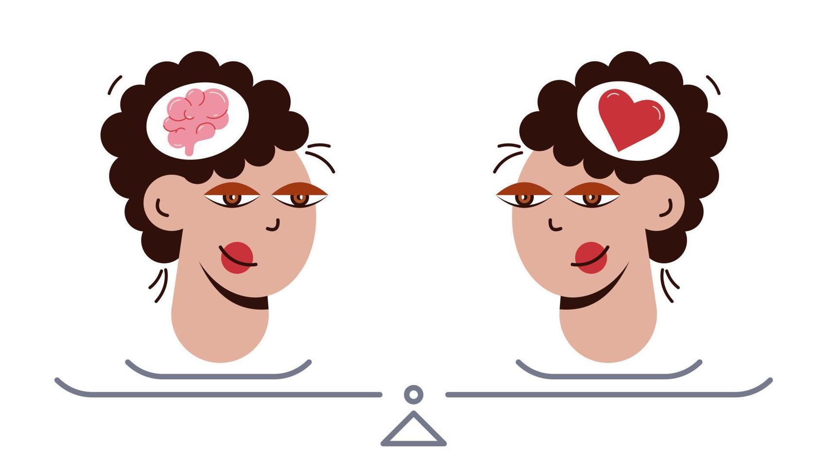 equilibrio cerebro corazón. dos bonitas cabezas una frente a la otra. vector