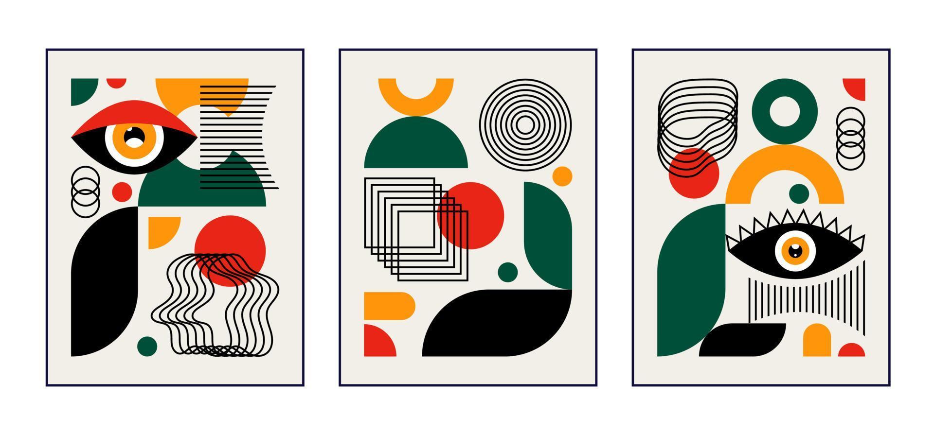 Bauhaus geometric posters. Abstract design with different shapes and eyes. vector