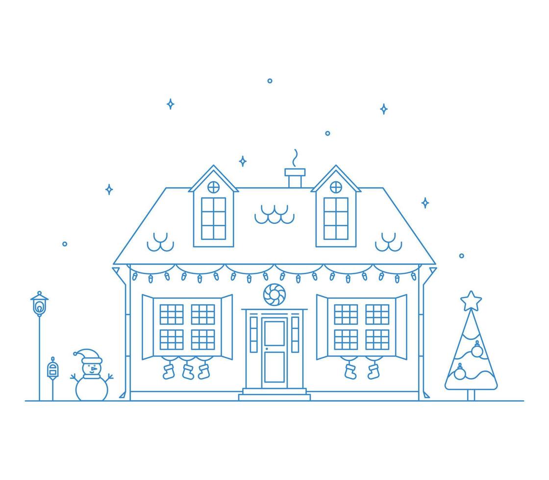 Neighborhood line art Christmas illustration with house. vector