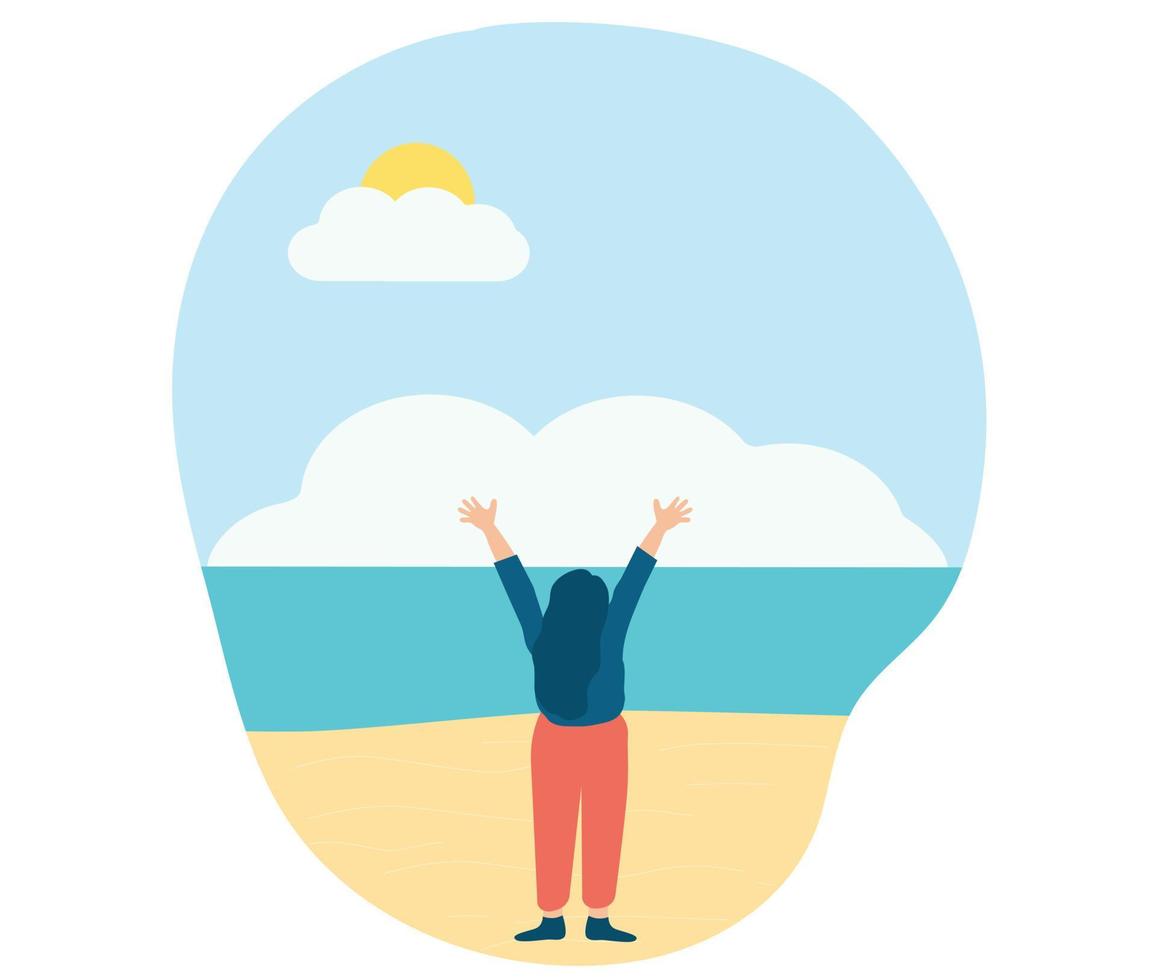 Happy woman with raised hands in front of the beach. A joyful girl doing stretching exercise with open arms. Concept of body positive, landscape and mental health wellbeing. Back view illustration vector