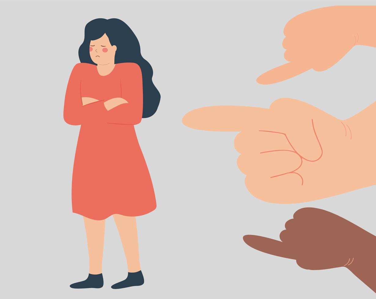 People surround a woman and point fingers on her. Sad teenager suffers from harassment and verbal assault. School girl bullied by her classmates. Stop violence or abuse against children and women. vector