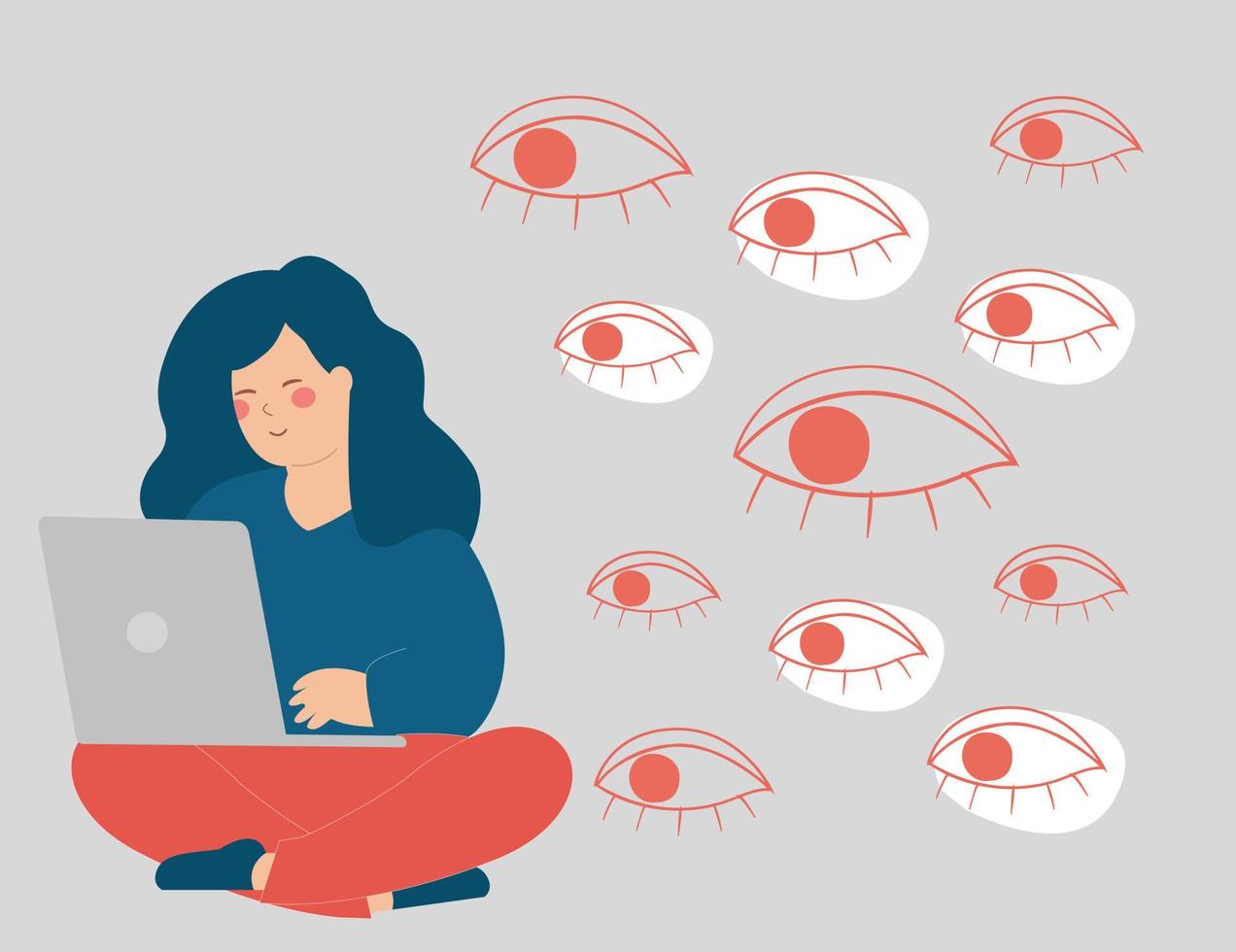 woman working with her computer is observed from behind. Spywares softwares on devices. Spy applications through the laptop. Big eyes peek at a screen of a girl. Spying on private life, internet risks vector