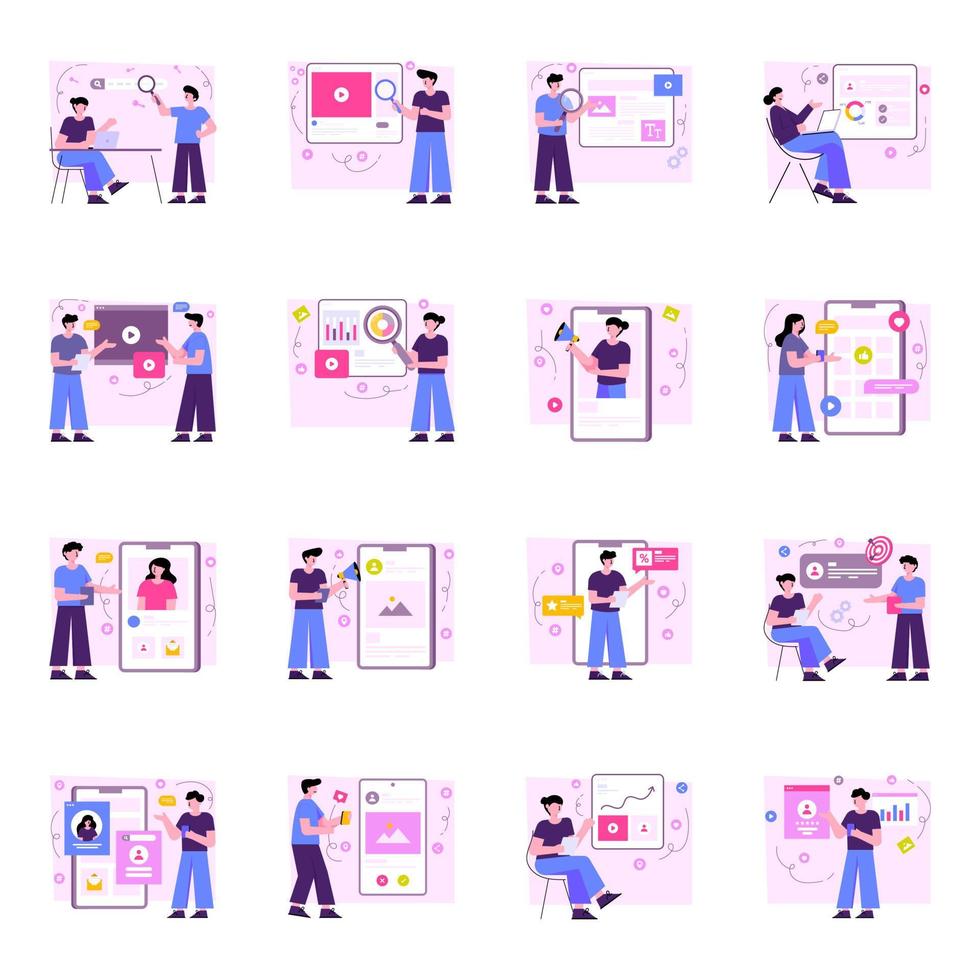 Pack of Social Network Flat Illustrations vector