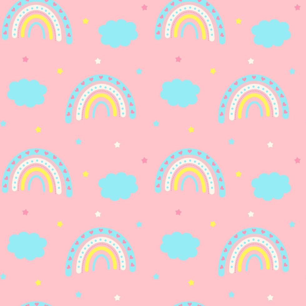 Seamless pattern with cute magic rainbow, clouds and stars on pink background. Design for textiles, texture, fabrics, wallpaper, packaging, wrapping paper. vector