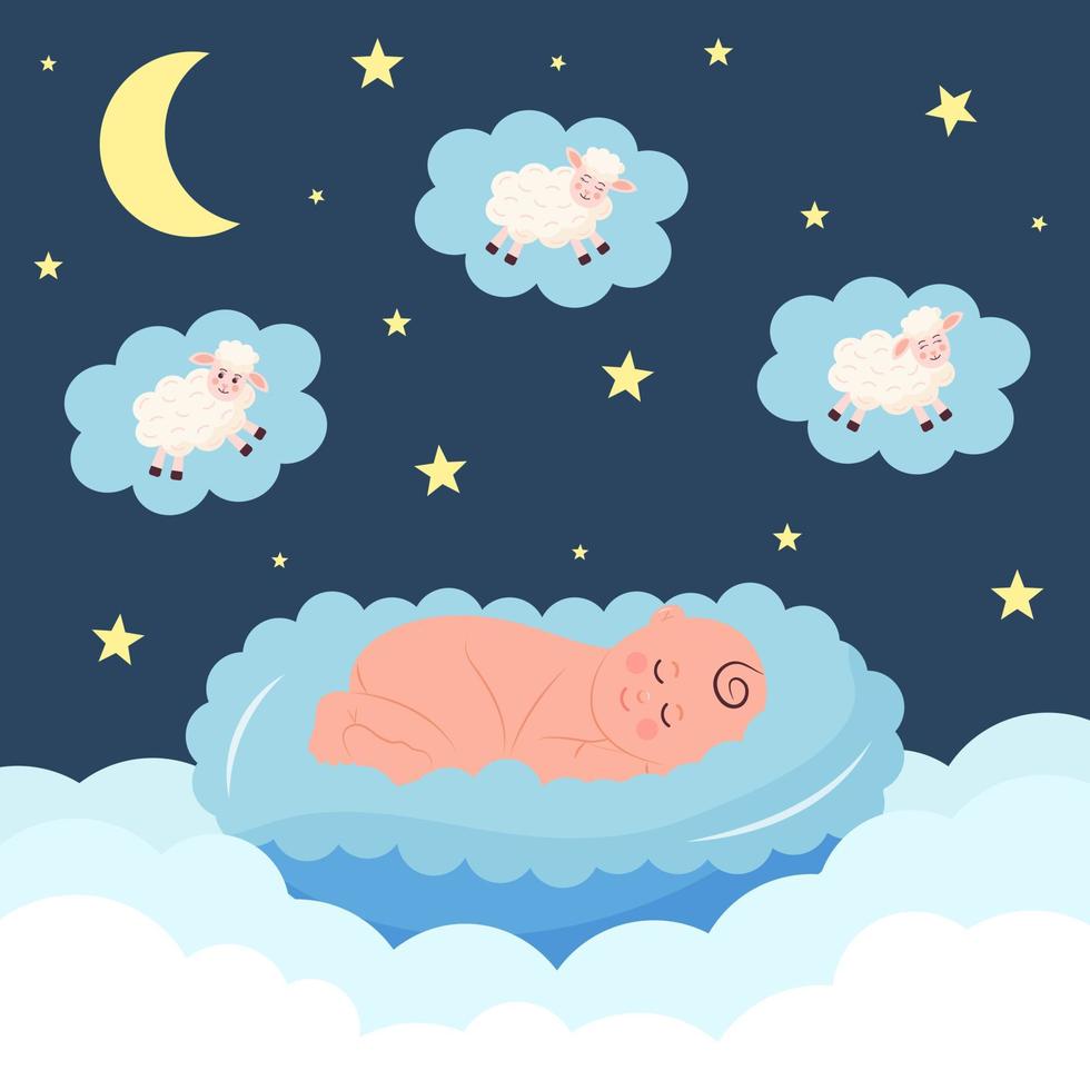 A newborn baby sleeping in a soft cradle and seeing lambs in a dream. Clouds, stars and moon around. vector