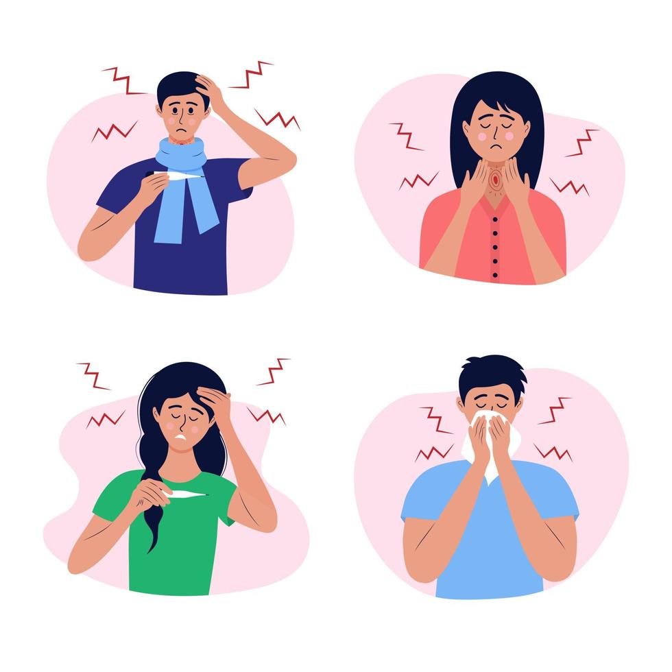 Set of sick people with flu, fever, sore throat and sneezing. Health care concept. vector