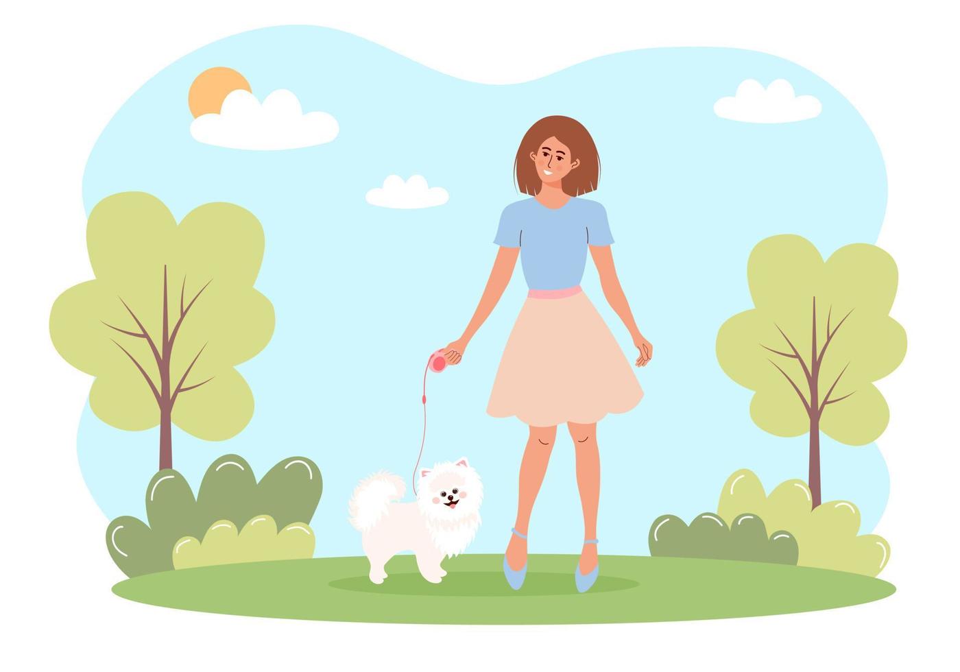 Woman walking with a white spitz dog in a park. Outdoor activity, love pets concept. vector