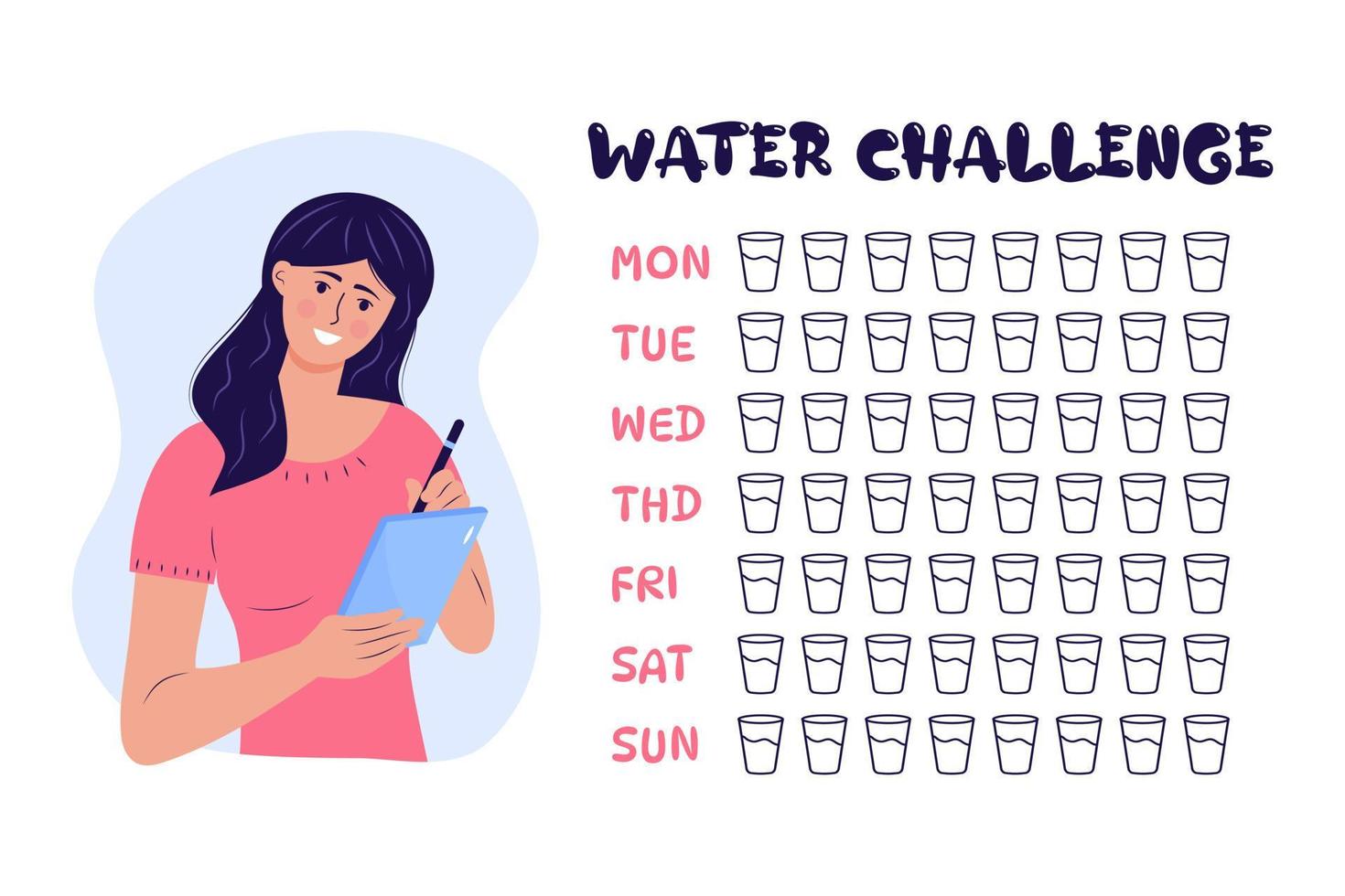 Woman writing in a notebook and daily water tracker, days of week and checklist glasses of water. Water balance tracker with 8 glasses per day rule. Healthy lifestyle, diet, health care vector